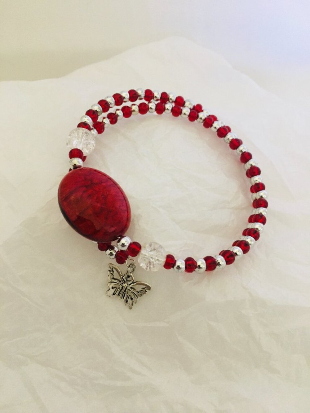 Double Wrap Memory Wire Bracelet – Red, Silver & Butterfly Charm
